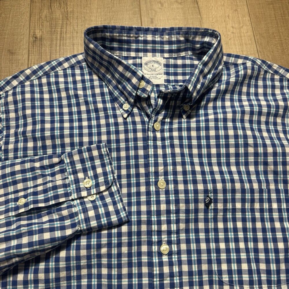 Brooks Brothers Men's Large Blue Plaid Check Stretch Slim Fit Dress Button Shirt